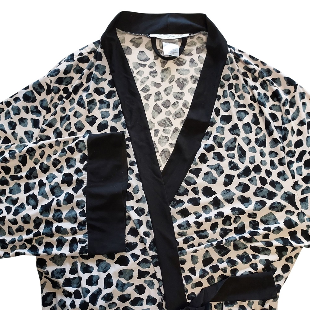 Linea Donatella Women's L/XL Animal Print Wrap Tie Robe Long Sleeve Black Trim